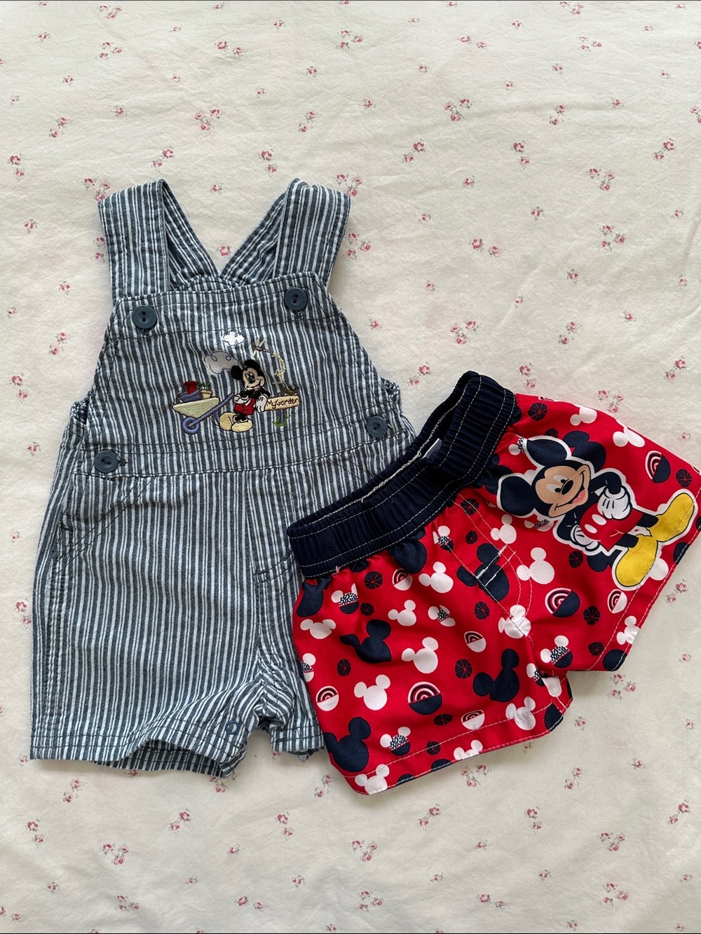 Disney Red & Blue Mickey Mouse Swim Shorts And Blue Stripe Overalls in Size 0-3M